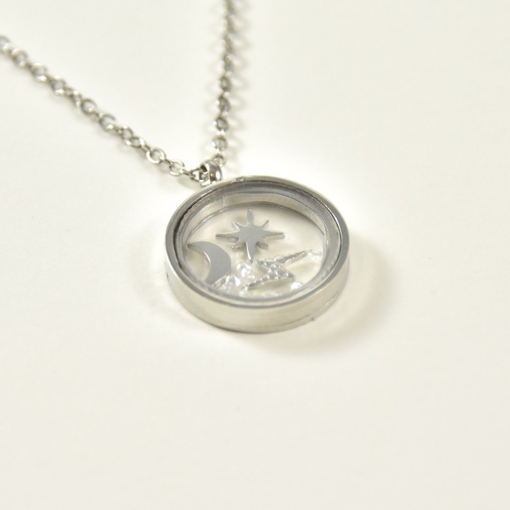 COLLIER ROND ETOILE LUNE ECLAIR ACIER INOXYDABLE SILVER PETIT PRIX