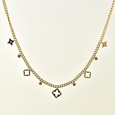 COLLIER TREFLES ETOILES STRASS ACIER INOXYDABLE GOLD PETIT PRIX