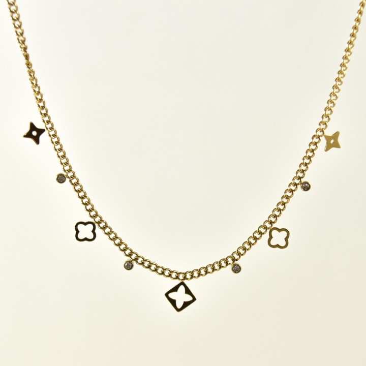 COLLIER TREFLES ETOILES STRASS ACIER INOXYDABLE GOLD PETIT PRIX