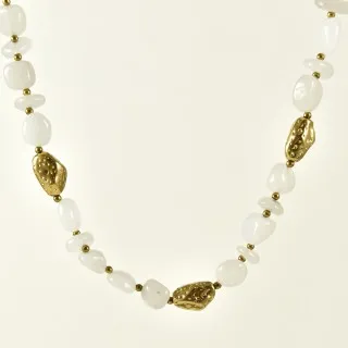 COLLIER PIERRES BLANCHES ET PERLES ACIER INOXYDABLE GOLD PETIT PRIX