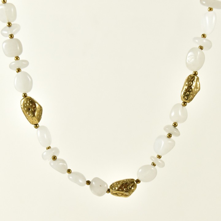 COLLIER PIERRES BLANCHES ET PERLES ACIER INOXYDABLE GOLD PETIT PRIX