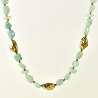COLLIER PIERRES VERTES ET PERLES ACIER INOXYDABLE GOLD PETIT PRIX