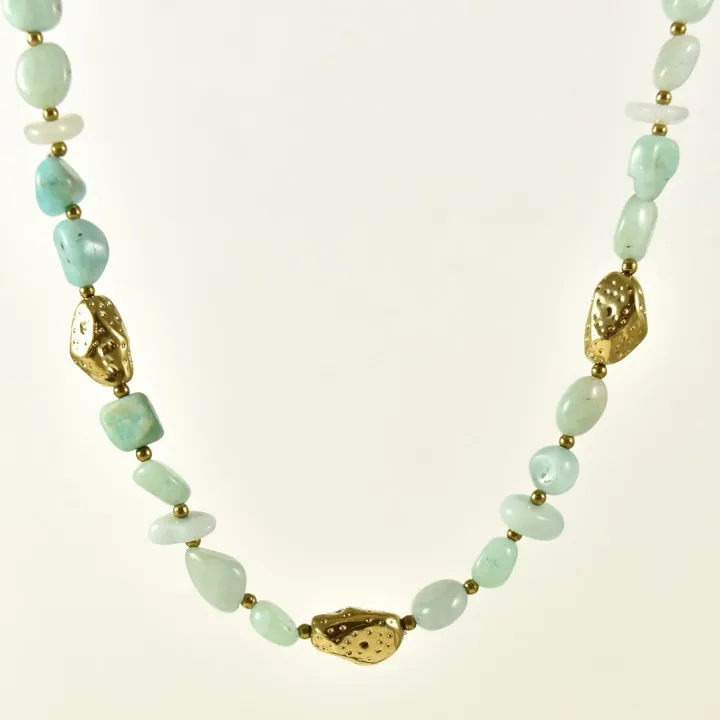 COLLIER PIERRES VERTES ET PERLES ACIER INOXYDABLE GOLD PETIT PRIX