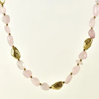 COLLIER PIERRES ROSES ET PERLES ACIER INOXYDABLE GOLD PETIT PRIX