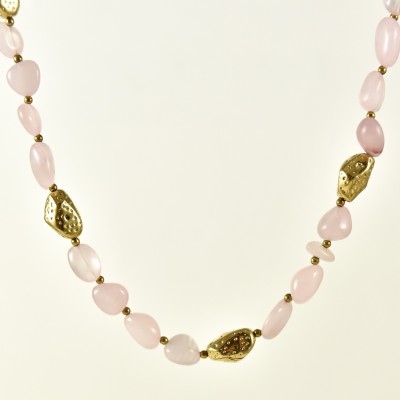 COLLIER PIERRES ROSES ET PERLES ACIER INOXYDABLE GOLD PETIT PRIX