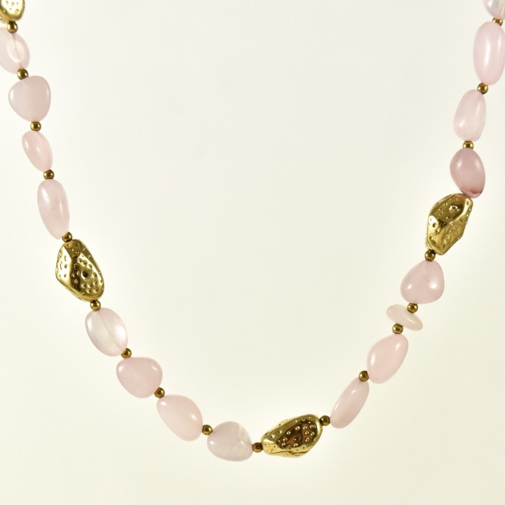 COLLIER PIERRES ROSES ET PERLES ACIER INOXYDABLE GOLD PETIT PRIX