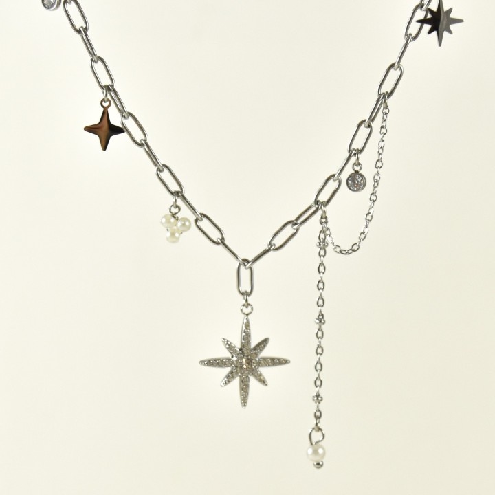 COLLIER DEUX MAILLE NACRES ET ETOILES ACIER INOX SILVER PETIT PRIX