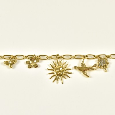 BRACELET PERLES GRIS METALLISE MEDAILLON ACIER INOX GOLD PETIT PRIX