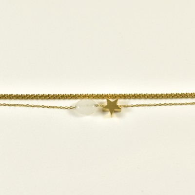 BRACELET PERLES GRIS METALLISE MEDAILLON ACIER INOX GOLD PETIT PRIX