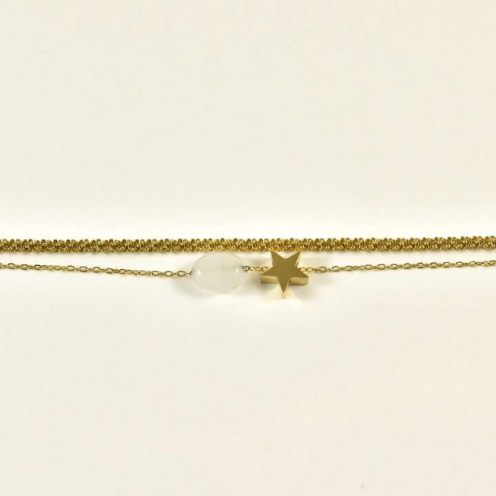 BRACELET DEUX RANGS ETOILE PIERRE BLANCHE ACIER INOX GOLD PETIT PRIX