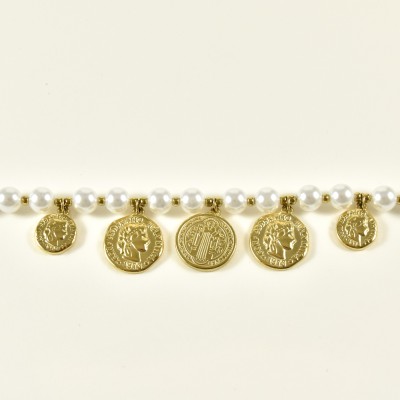 BRACELET PERLES GRIS METALLISE MEDAILLON ACIER INOX GOLD PETIT PRIX