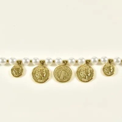 BRACELET PERLES GRIS METALLISE MEDAILLON ACIER INOX GOLD PETIT PRIX