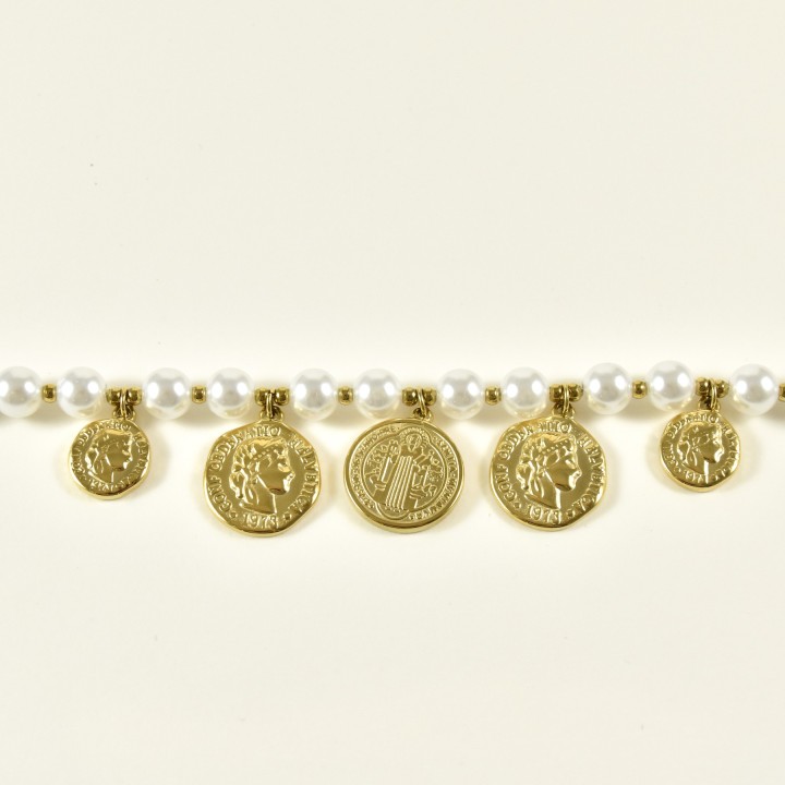 BRACELET PERLES GRIS METALLISE MEDAILLON ACIER INOX GOLD PETIT PRIX
