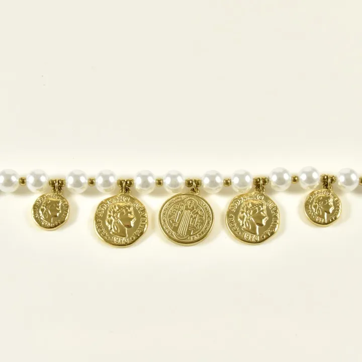 BRACELET PERLES GRIS METALLISE MEDAILLON ACIER INOX GOLD PETIT PRIX