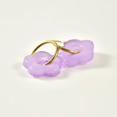 BOUCLES CREOLES FLEURS VIOLETTES ACIER INOXYDABLE GOLD PETIT PRIX