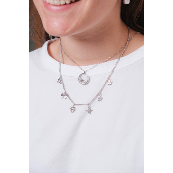 COLLIER CHARMS ACIER INOXYDABLE SILVER ET STRASS PETIT PRIX