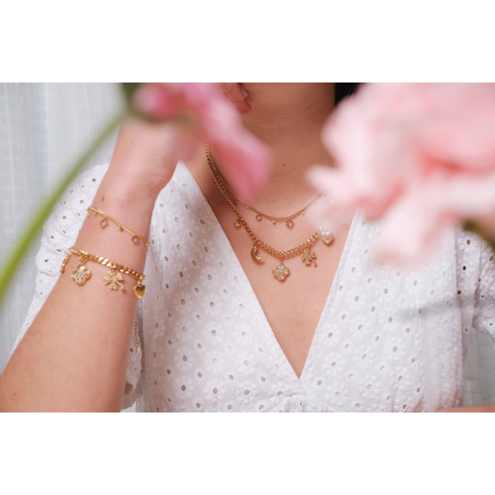 COLLIER TREFLES ETOILES STRASS ACIER INOXYDABLE GOLD PETIT PRIX