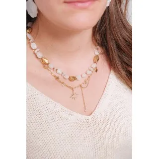 COLLIER PIERRES BLANCHES ET PERLES ACIER INOXYDABLE GOLD PETIT PRIX