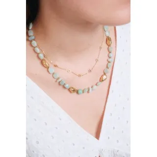 COLLIER PIERRES VERTES ET PERLES ACIER INOXYDABLE GOLD PETIT PRIX