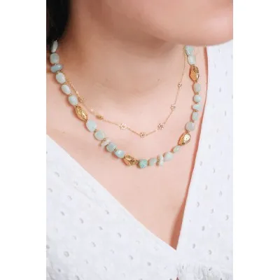 COLLIER PIERRES VERTES ET PERLES ACIER INOXYDABLE GOLD PETIT PRIX