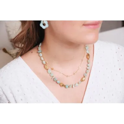 COLLIER PIERRES VERTES ET PERLES ACIER INOXYDABLE GOLD PETIT PRIX
