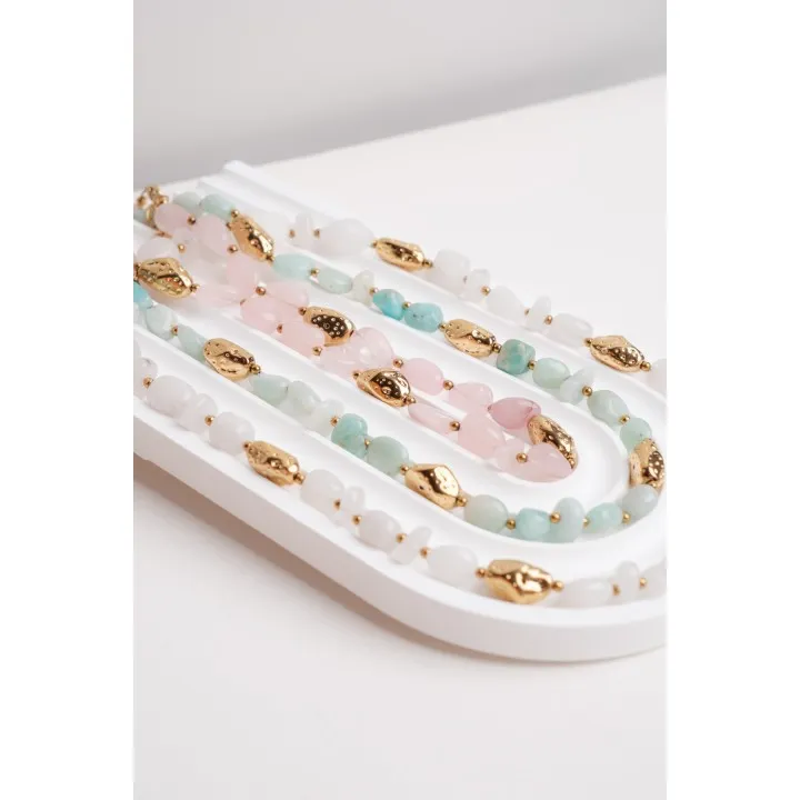 COLLIER PIERRES VERTES ET PERLES ACIER INOXYDABLE GOLD PETIT PRIX