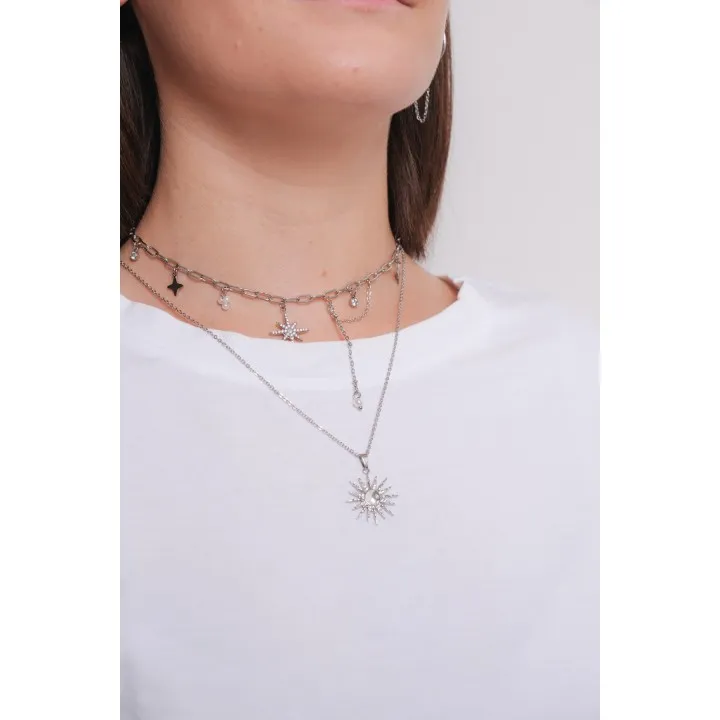 COLLIER SOLEIL ET LUNE NACRE ACIER INOXYDABLE SILVER PETIT PRIX