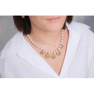 COLLIER MEDAILLES PERLES NACRE ET GOLD ACIER INOX GOLD PETIT PRIX