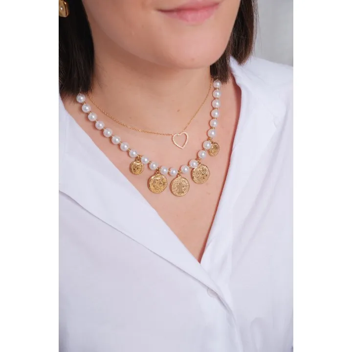 COLLIER MEDAILLES PERLES NACRE ET GOLD ACIER INOX GOLD PETIT PRIX