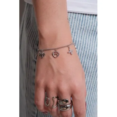BRACELET PERLES GRIS METALLISE MEDAILLON ACIER INOX GOLD PETIT PRIX