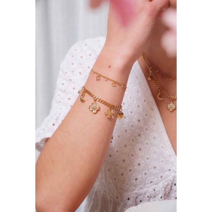 BRACELET PERLES GRIS METALLISE MEDAILLON ACIER INOX GOLD PETIT PRIX