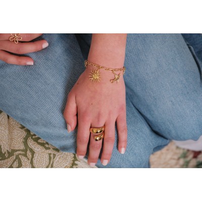 BRACELET PERLES GRIS METALLISE MEDAILLON ACIER INOX GOLD PETIT PRIX