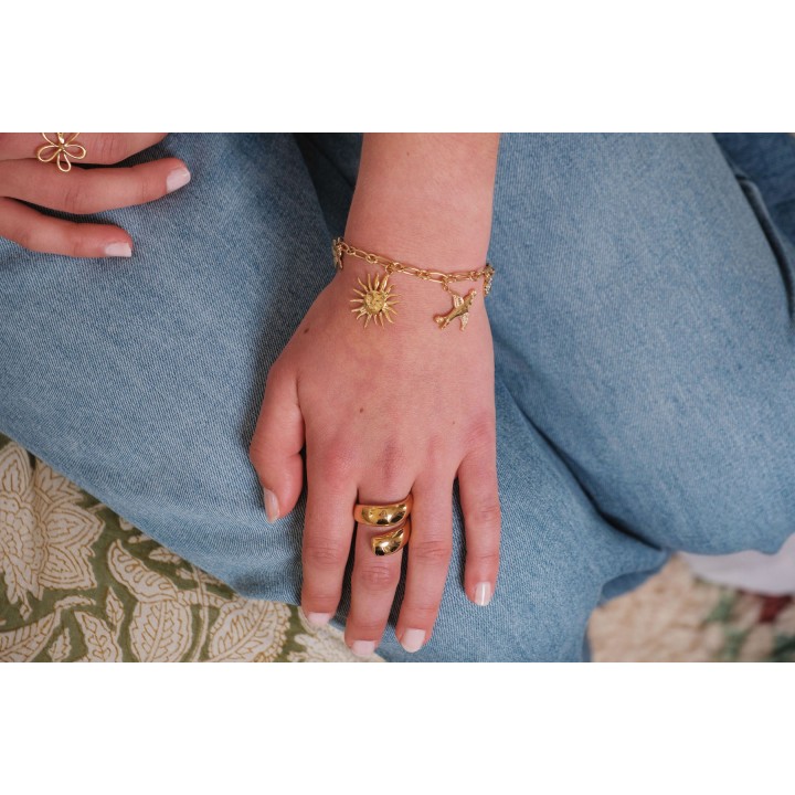 BRACELET PERLES GRIS METALLISE MEDAILLON ACIER INOX GOLD PETIT PRIX