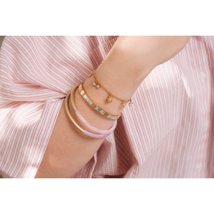 BRACELET PERLES GRIS METALLISE MEDAILLON ACIER INOX GOLD PETIT PRIX