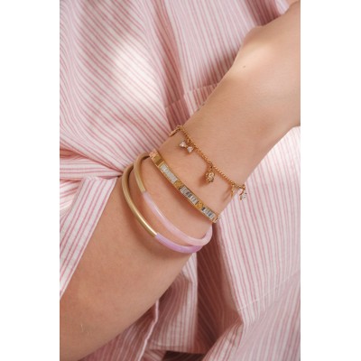 BRACELET PERLES GRIS METALLISE MEDAILLON ACIER INOX GOLD PETIT PRIX