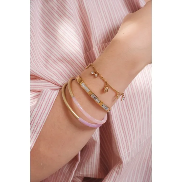 BRACELET PERLES GRIS METALLISE MEDAILLON ACIER INOX GOLD PETIT PRIX
