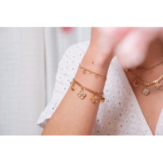 BRACELET PERLES GRIS METALLISE MEDAILLON ACIER INOX GOLD PETIT PRIX