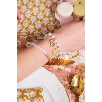BRACELET PERLES GRIS METALLISE MEDAILLON ACIER INOX GOLD PETIT PRIX
