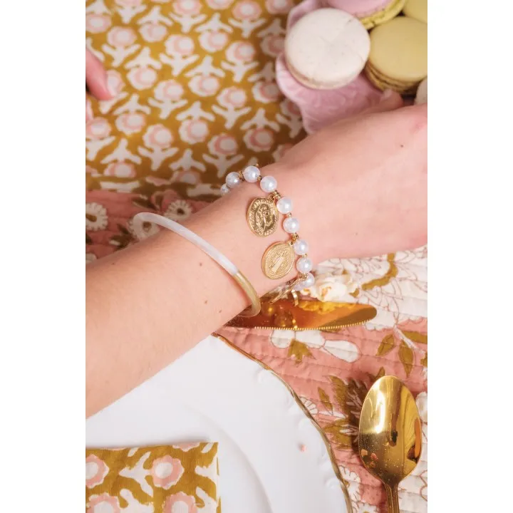 BRACELET PERLES GRIS METALLISE MEDAILLON ACIER INOX GOLD PETIT PRIX