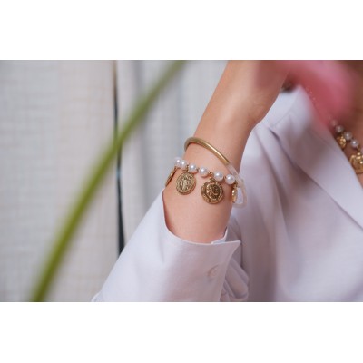 BRACELET PERLES GRIS METALLISE MEDAILLON ACIER INOX GOLD PETIT PRIX