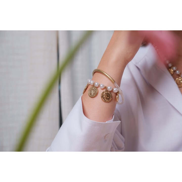 BRACELET PERLES GRIS METALLISE MEDAILLON ACIER INOX GOLD PETIT PRIX