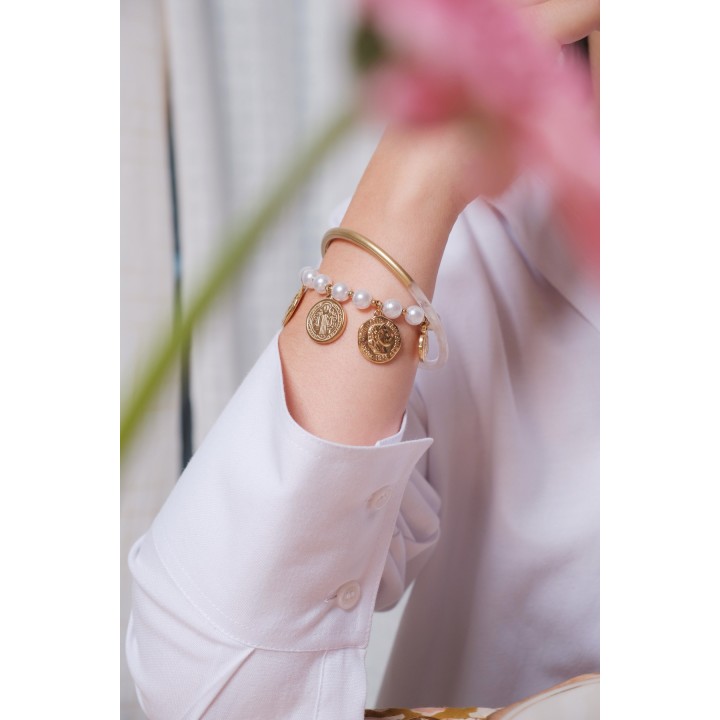 BRACELET PERLES GRIS METALLISE MEDAILLON ACIER INOX GOLD PETIT PRIX