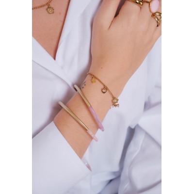 BRACELET PERLES GRIS METALLISE MEDAILLON ACIER INOX GOLD PETIT PRIX