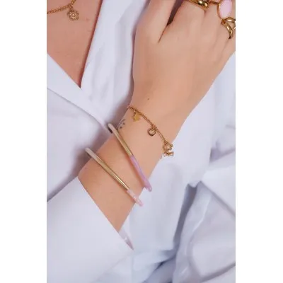 BRACELET PERLES GRIS METALLISE MEDAILLON ACIER INOX GOLD PETIT PRIX