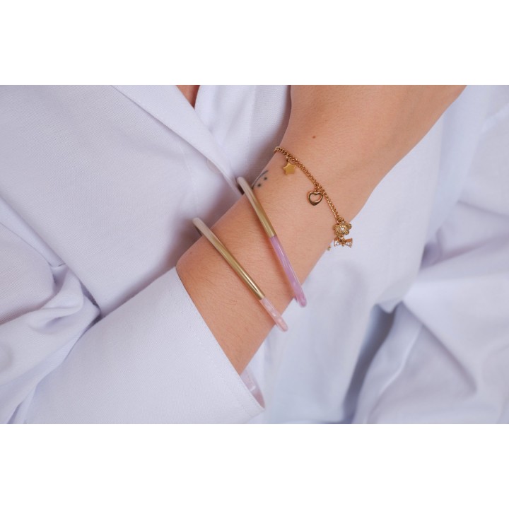 BRACELET PERLES GRIS METALLISE MEDAILLON ACIER INOX GOLD PETIT PRIX