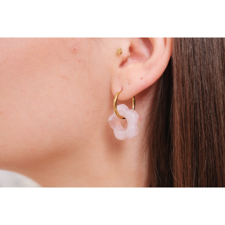 BOUCLES CREOLES FLEURS ROSES ACIER INOXYDABLE GOLD PETIT PRIX