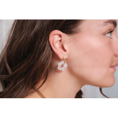 BOUCLES CREOLES FLEURS TRANSPARENTES ACIER INOXYDABLE GOLD PETIT PRIX