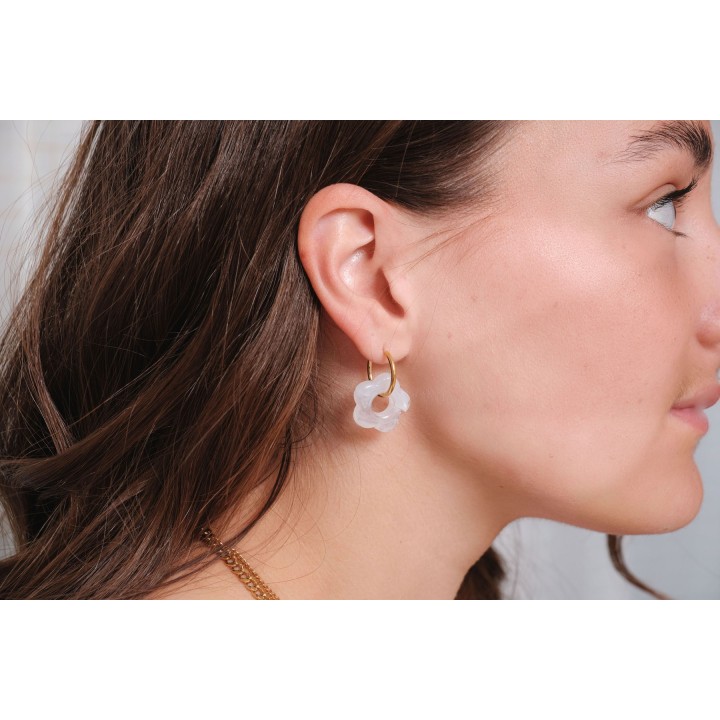 BOUCLES CREOLES FLEURS TRANSPARENTES ACIER INOXYDABLE GOLD PETIT PRIX