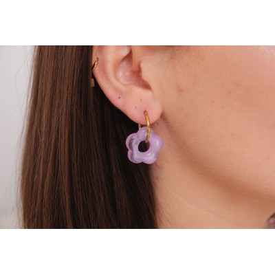 BOUCLES CREOLES FLEURS VIOLETTES ACIER INOXYDABLE GOLD PETIT PRIX