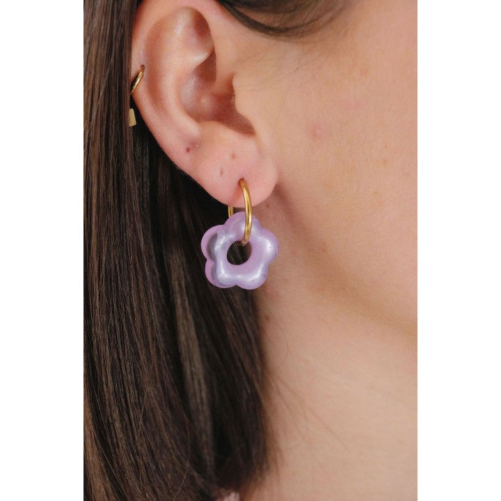 BOUCLES CREOLES FLEURS VIOLETTES ACIER INOXYDABLE GOLD PETIT PRIX